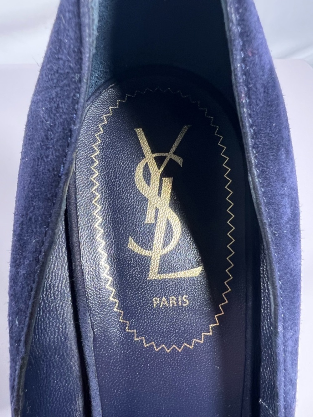 7034: YSL Yves Saint Laurent Navy Suede Platform Heels Pumps 40 - Picture 10 of 12